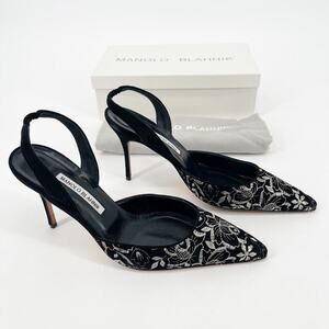 Manolo Blahnik Carolyne Black Silver Floral Embroidered Slingback Heels IT 40